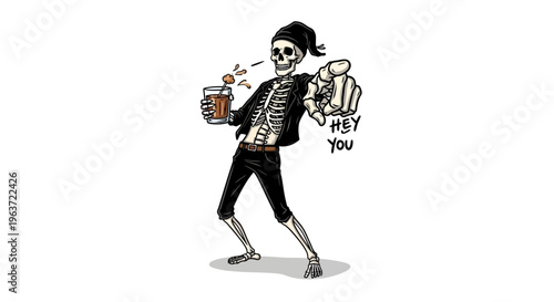 Cartoon skeleton pirate character holding beer mug and pointing with hey you speech bubble.