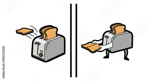 Cartoon illustration of toaster popping bread slice and anthropomorphic toaster holding toast.
