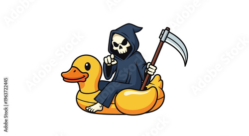 Cartoon Grim Reaper Riding Yellow Rubber Duck Float in Water.