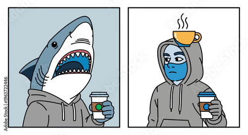 Humorous two-panel comic strip of anthropomorphic shark and blue-faced hoodie character with coffee cups.