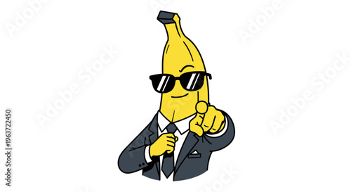 Cartoon banana character dressed in suit and sunglasses pointing directly at viewer.