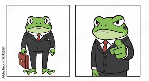 Cartoon illustration of friendly and angry green frog businessman in suit with briefcase and pointing gesture.