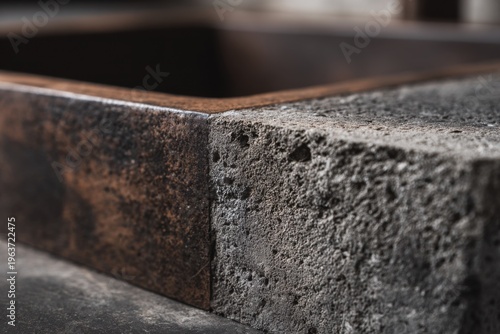 Close view of a wooden and concrete surface in a modern setting showing the contrast between materials for design in a kitchen or workshop