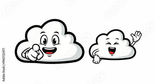 Cartoon clouds with happy faces pointing and waving cheerfully.