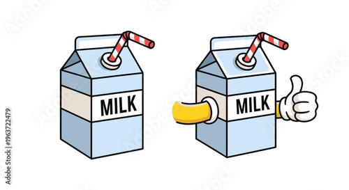 Whimsical cartoon illustration of milk carton with straw and banana spout thumbs up.