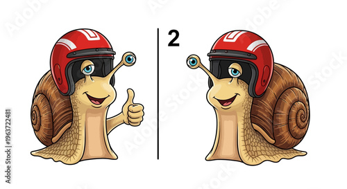 Cartoon snails wearing red helmets giving thumbs up and smiling happily.