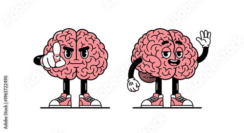 Cartoon illustration of angry pointing brain and happy waving brain characters.