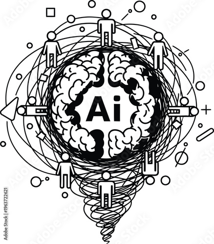 Artificial intelligence AI brain concept featuring a human network tornado and digital data chaos representing machine learning and neural technology.