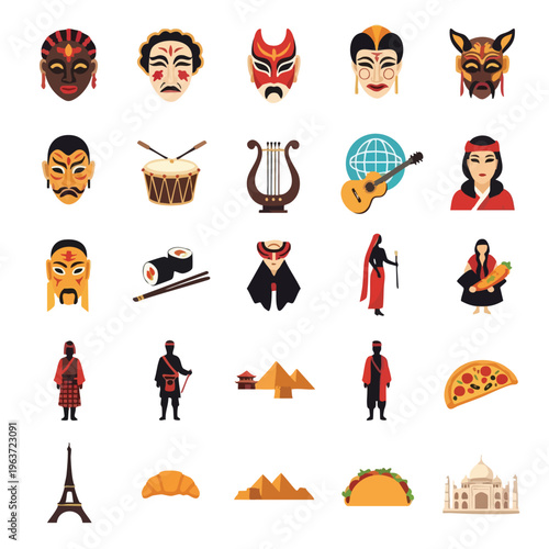 A vibrant icon pack featuring diverse cultural symbols and education theme vector illustrations. Perfect for educational materials, presentations, and cultural exchange programs