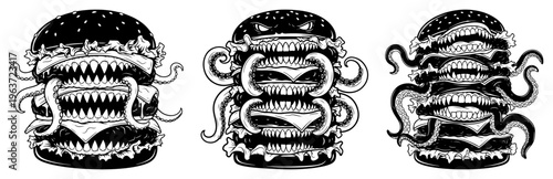 Scary monster burger with sharp teeth and tentacles