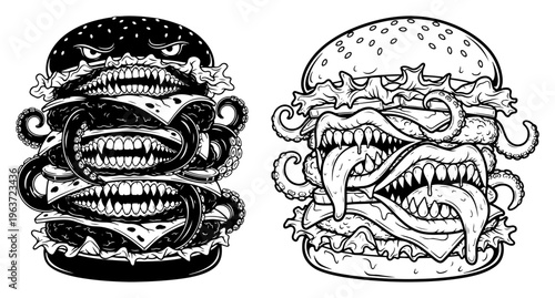 scary monster burger characters with sharp teeth and tentacles in sketch style