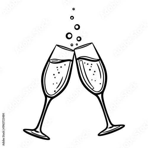 Two champagne glasses clinking in a celebration toast line art drawing
