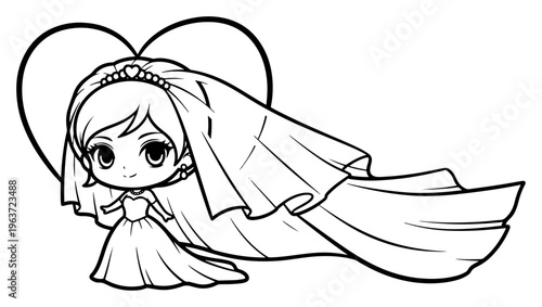 cute cartoon bride character with long veil and heart background