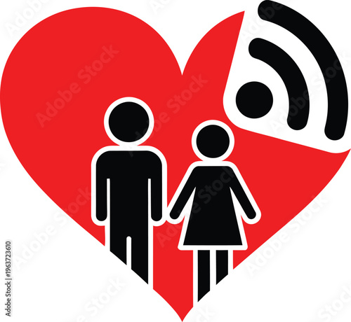 Conceptual illustration of a couple inside a red heart with a wifi signal symbol representing online dating, long distance love, and digital connection.