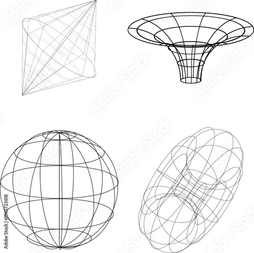 Set of black wireframe geometric shapes on transparent background for digital design