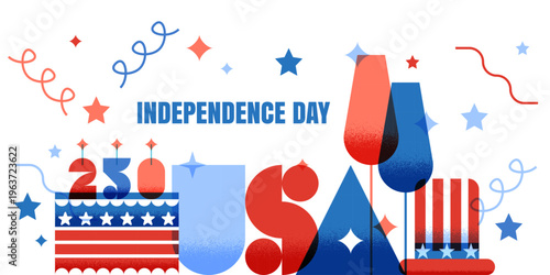 USA word, cake in USA flag colors, cocktails and hat. Vector design for July 4 Independence Day 250, years celebration