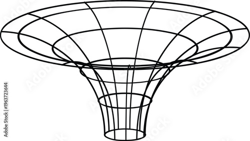 Black wireframe funnel grid representing gravity well or black hole physics concept on grid background