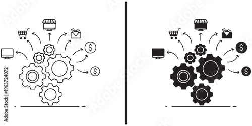 A business concept illustration showing gears and icons for marketing and finance