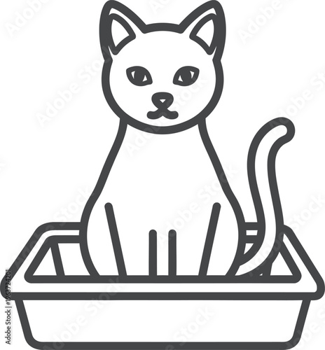 Cat in Litter Box, Feline Icon, Pet Line Art, Black and White Vector
