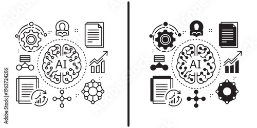 A collection of black and white icons representing artificial intelligence concepts