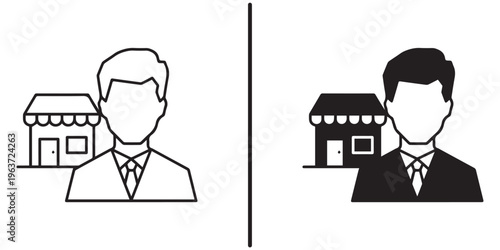 A simple illustration of two businessmen standing in front of shops