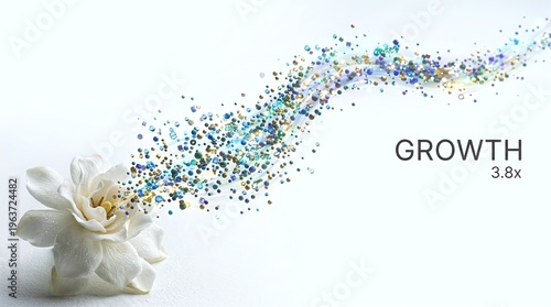 Abstract business growth concept with white flower and colorful particles
