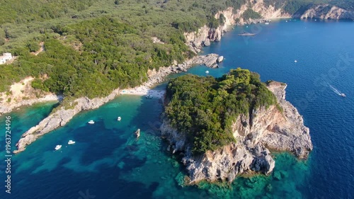 Cinematic Aerial Drone Rotation of Limni Beach Glyko in Corfu Greece Showing Twin Bays and Clear Water