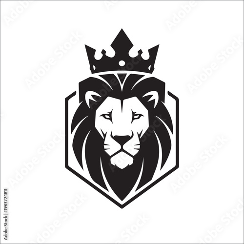 Regal Lion Crest: A majestic lion wearing a regal crown, its powerful presence emanating strength and authority. A striking emblem of royalty and leadership, rendered in elegant black and white.
