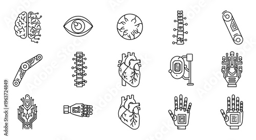 Robot body parts, mechanical limbs, cyborg anatomy, line art icons
