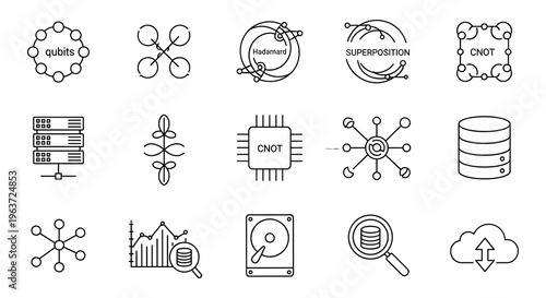 Technology icons, computer symbols, data visualization graphics, business infographics