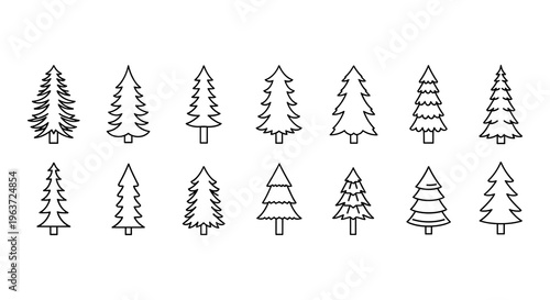 Christmas tree icons, festive pine trees, holiday symbols, vector illustrations