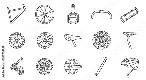 Bicycle parts icons, wheel and gear illustrations, cycling components, bike accessories