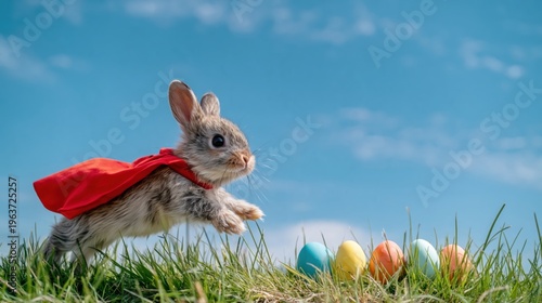 cute rabbit wearing a red cape running through grass beside colorful easter eggs under a bright blue sky.