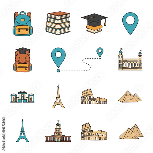 A colorful icon pack featuring education and travel themed vector illustrations, including landmarks, school supplies, and navigation symbols. Perfect for educational materials