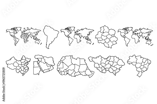Collection of world maps and country outlines with internal divisions