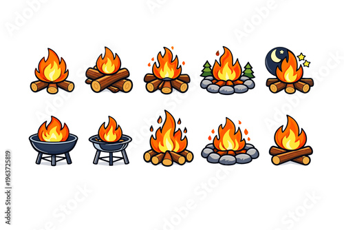 Collection of cartoon campfire and grill icons with flames and logs