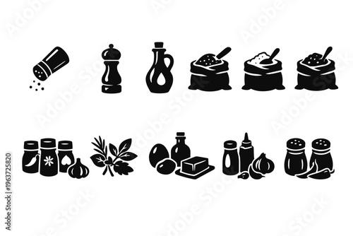 Collection of simple black and white icons representing cooking ingredients and seasonings