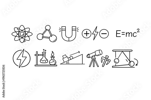 Collection of science and physics icons representing fundamental concepts and discoveries
