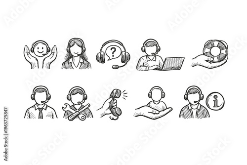 Collection of hand-drawn icons representing customer support and assistance services