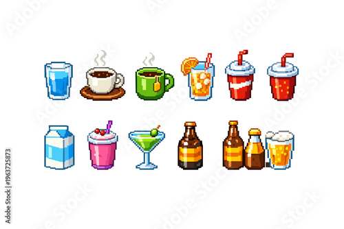 Collection of pixel art beverages including coffee, tea, soda, and beer