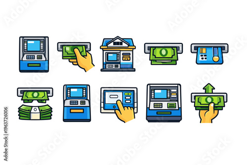 Collection of ATM icons showing cash transactions and banking services