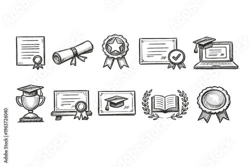 Collection of hand-drawn graduation and achievement icons for educational success