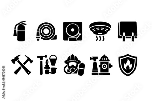 Collection of firefighting equipment and safety icons in black and white