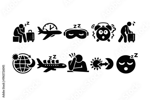 Travel fatigue and sleep deprivation icons depicting jet lag and exhaustion