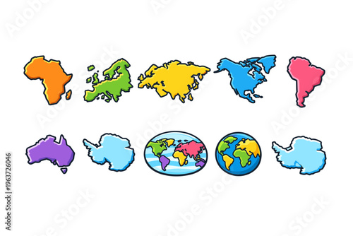 Colorful cartoon continents and globes arranged in a grid on a white background