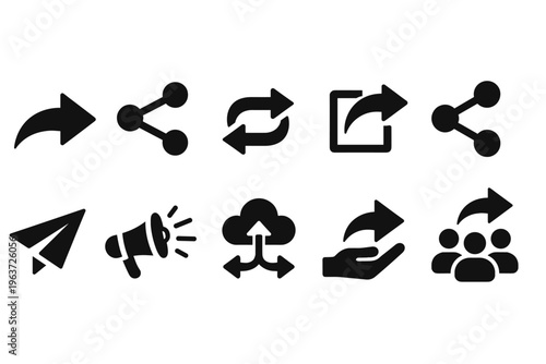 Collection of black icons representing sharing, communication, and data transfer concepts