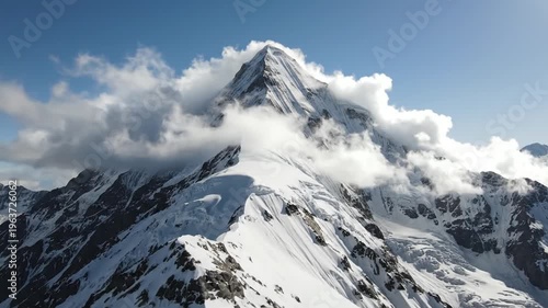 Majestic snow-capped mountain peak with clouds in a clear blue sky
