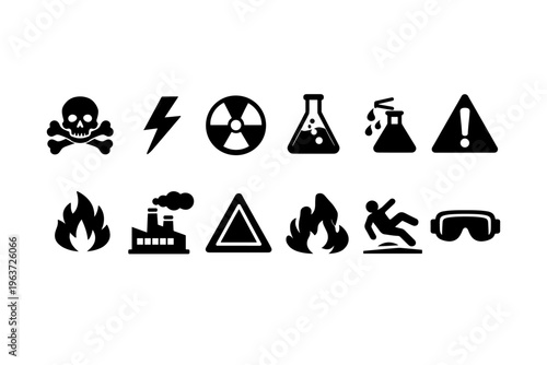 Collection of hazard and warning symbols for safety and danger alerts