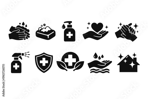 Collection of hygiene and health icons representing hand washing and sanitization