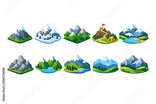 Collection of stylized isometric mountains with diverse landscapes and elements